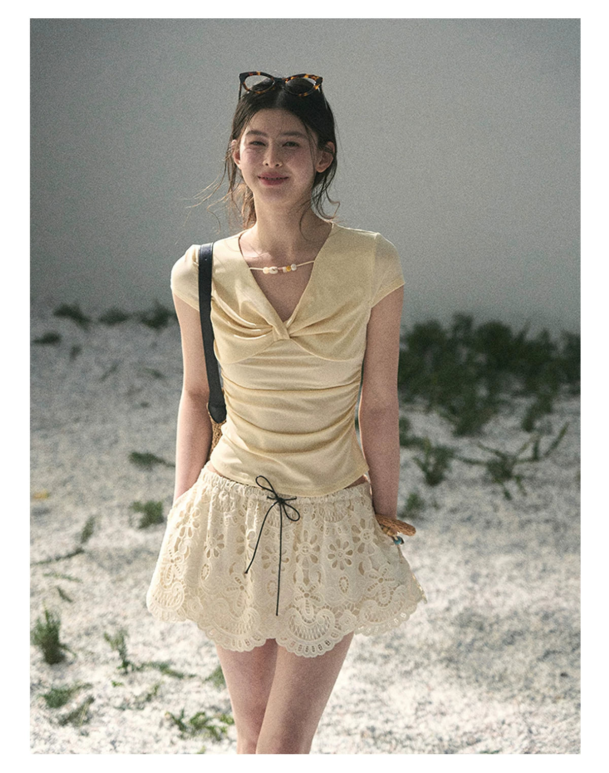 “Sheer Spring Whisper” Milkshake Yellow Twist V-Neck Top