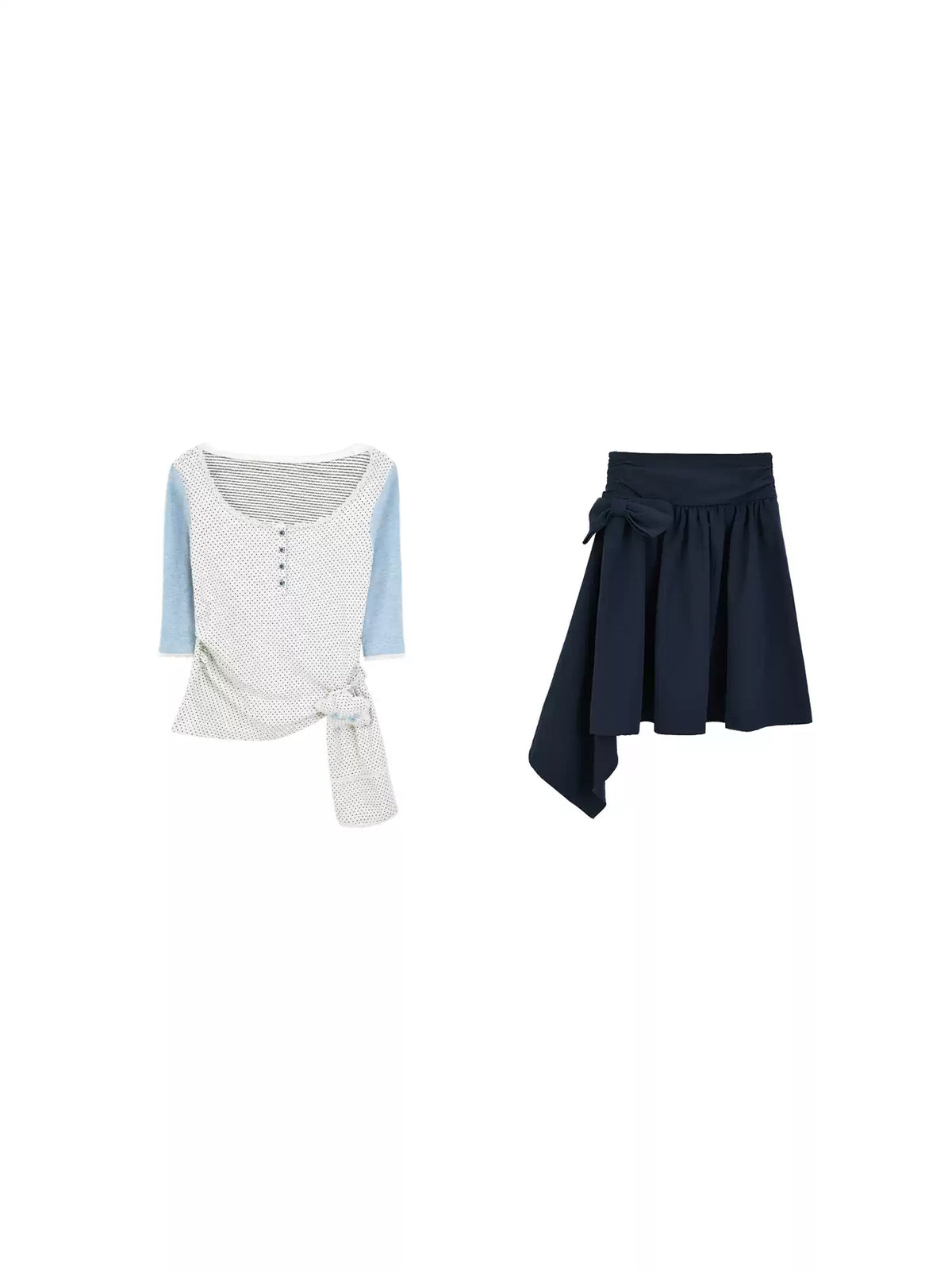 "Blooming Ribbon" Layered Set (Ivory Asymmetric Long-Sleeve Top / Navy Box-Pleated Skirt)
