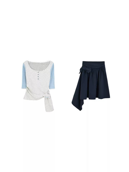 "Blooming Ribbon" Layered Set (Ivory Asymmetric Long-Sleeve Top / Navy Box-Pleated Skirt)