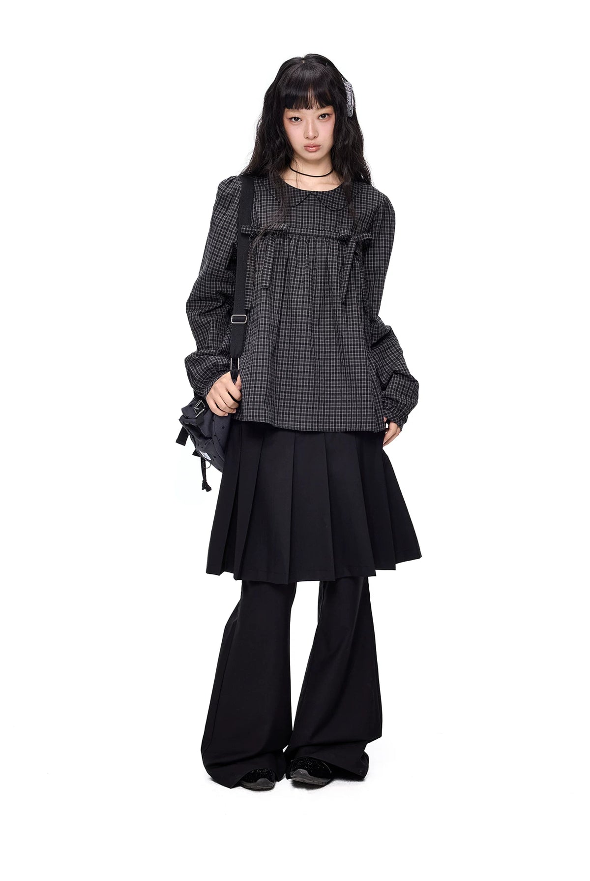 EZEK | Peter Pan Collar Gingham Shirt with Bubble Sleeves