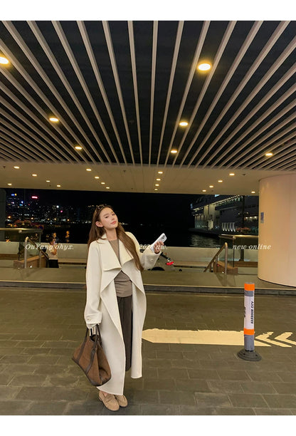 QuQuOuYang - 100% Wool Double-Face Belted Coat with Convertible Collar
