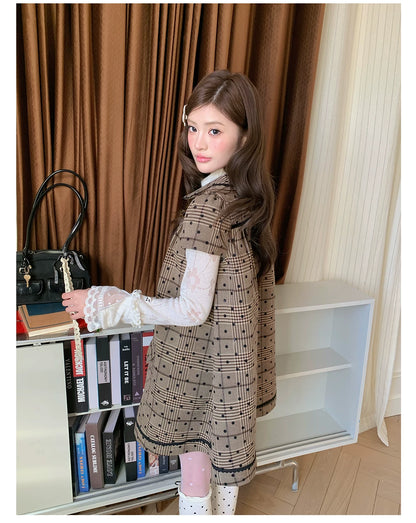 “Hazel Rococo Reverie” Khaki Plaid Polka Dot Dress