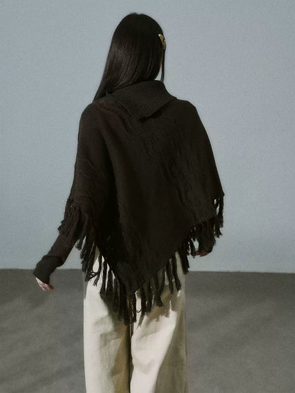 LOST FOREST - Wool-Blend Bow Graphic Fringe Cape Shawl (Coffee / Dark Gray)
