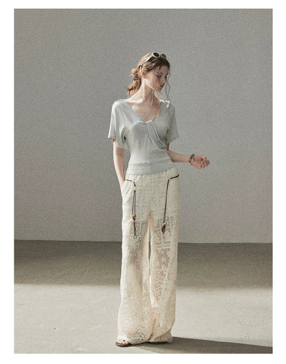 "Moonlight on Water" Twist-Front Cropped T-Shirt (Silver Mink Gray/ Mist Blue)