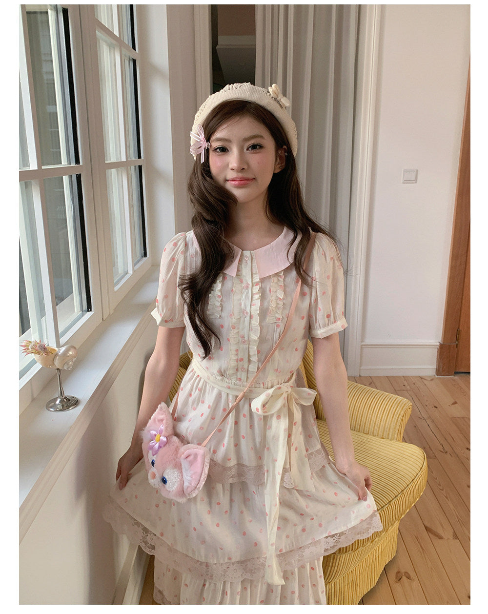 “Peach Mist Daydream” Ivory Polka Floral Cake Dress