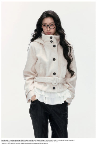 24olvides - Beige Hooded Wool-Blend Coat with Waist Belt