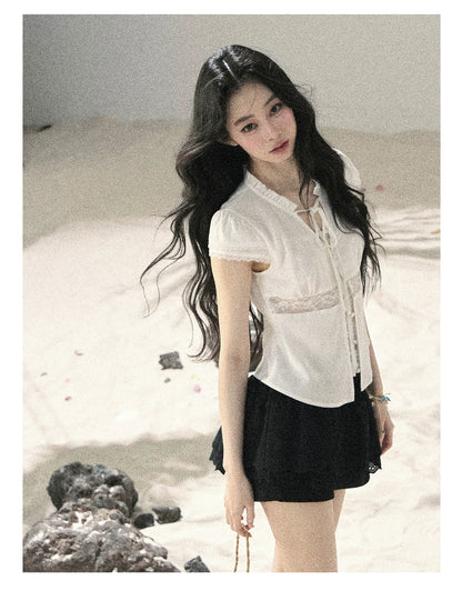 "Lace Between the Lines" Frost White Faux-Layer Cropped Shirt
