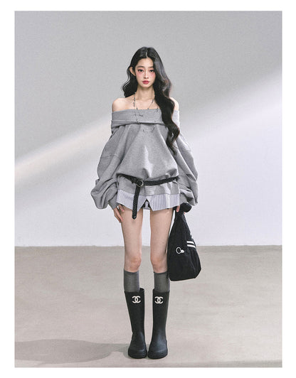 少也眼 ""Yale-Inspired Girl" Faux-Layered Oversized Hoodie with Belt 4536486