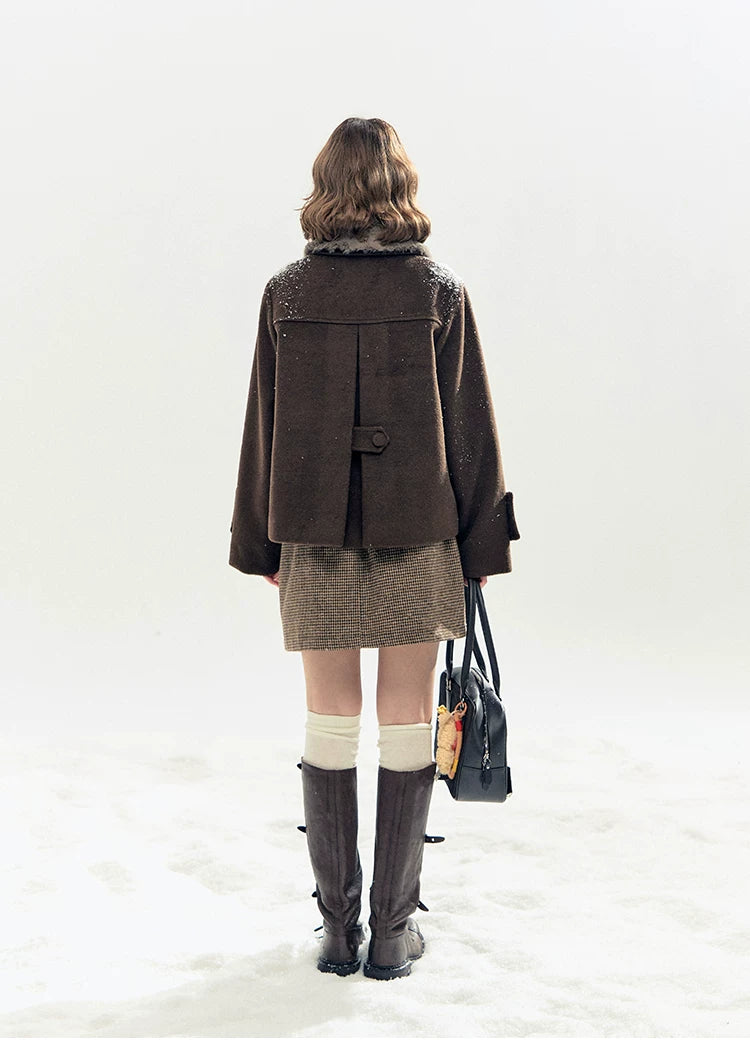 "Berlin Snowfall" Double-Breasted Quilted Wool-Blend Peacoat (Ivory/ Chocolate Brown)