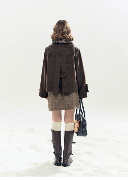"Berlin Snowfall" Double-Breasted Quilted Wool-Blend Peacoat (Ivory/ Chocolate Brown)