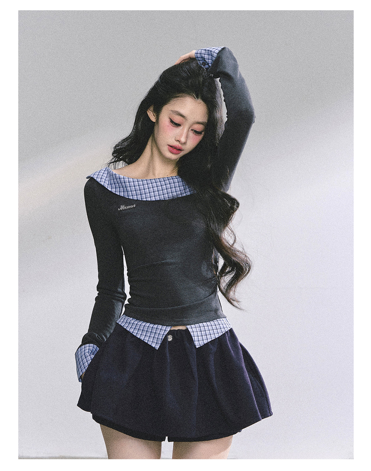少也眼 Lester Style Faux Two-Piece Plaid Sweatshirt