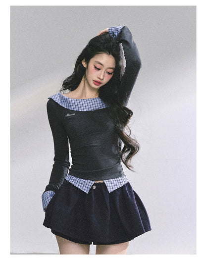 少也眼 Lester Style Faux Two-Piece Plaid Sweatshirt