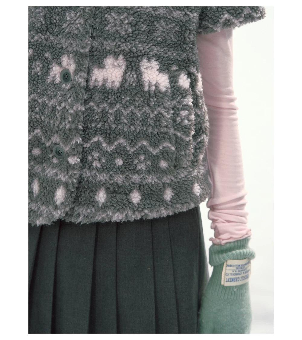 CANSTORE - "Snow Isle Cat" Gray Fair Isle Fuzzy Short-Sleeve Knit Jacket