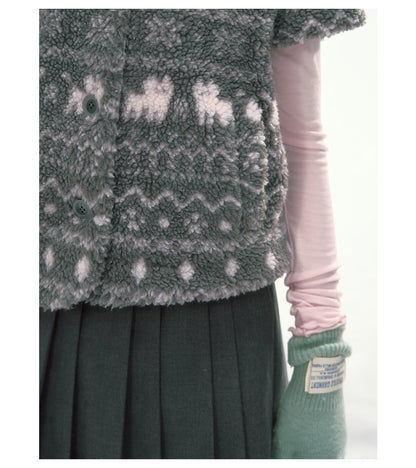 CANSTORE - "Snow Isle Cat" Gray Fair Isle Fuzzy Short-Sleeve Knit Jacket