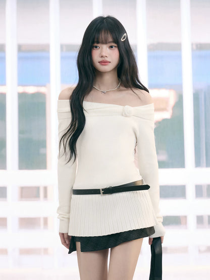 "Bloom Arrival" White Off-Shoulder Knit Top