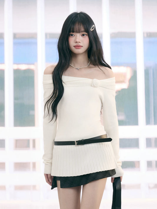 "Bloom Arrival" White Off-Shoulder Knit Top
