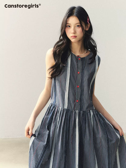 "Red Pulse in Monochrome" Plaid Sleeveless Dress with Red Button LL2026027