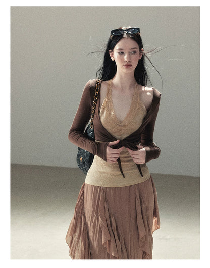 AOMALM - "Tender in This Moment" Rich Cocoa Faux Two-Piece Lace Top