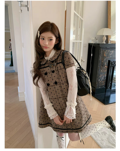 “Hazel Rococo Reverie” Khaki Plaid Polka Dot Dress