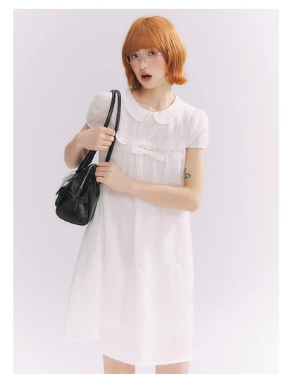“Lace Sleep Song” White Embroidered Puff Sleeve Babydoll Dress