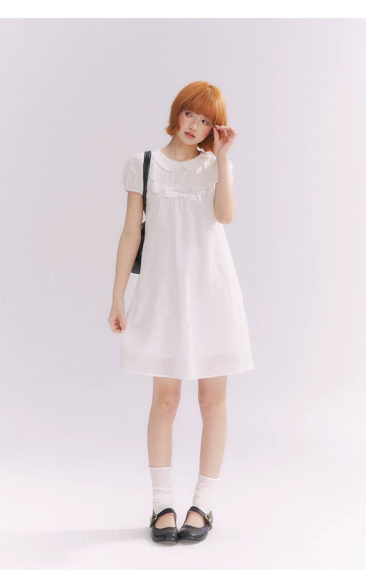 “Lace Sleep Song” White Embroidered Puff Sleeve Babydoll Dress