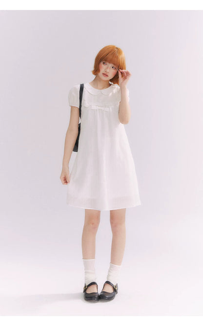 “Lace Sleep Song” White Embroidered Puff Sleeve Babydoll Dress