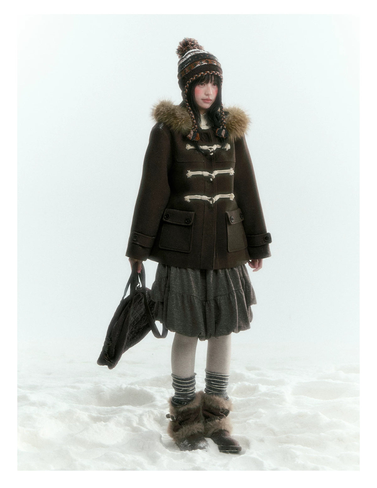 Horridale - Dark Coffee Brown Cropped Hooded Toggle Coat with Detachable Faux Fur Collar