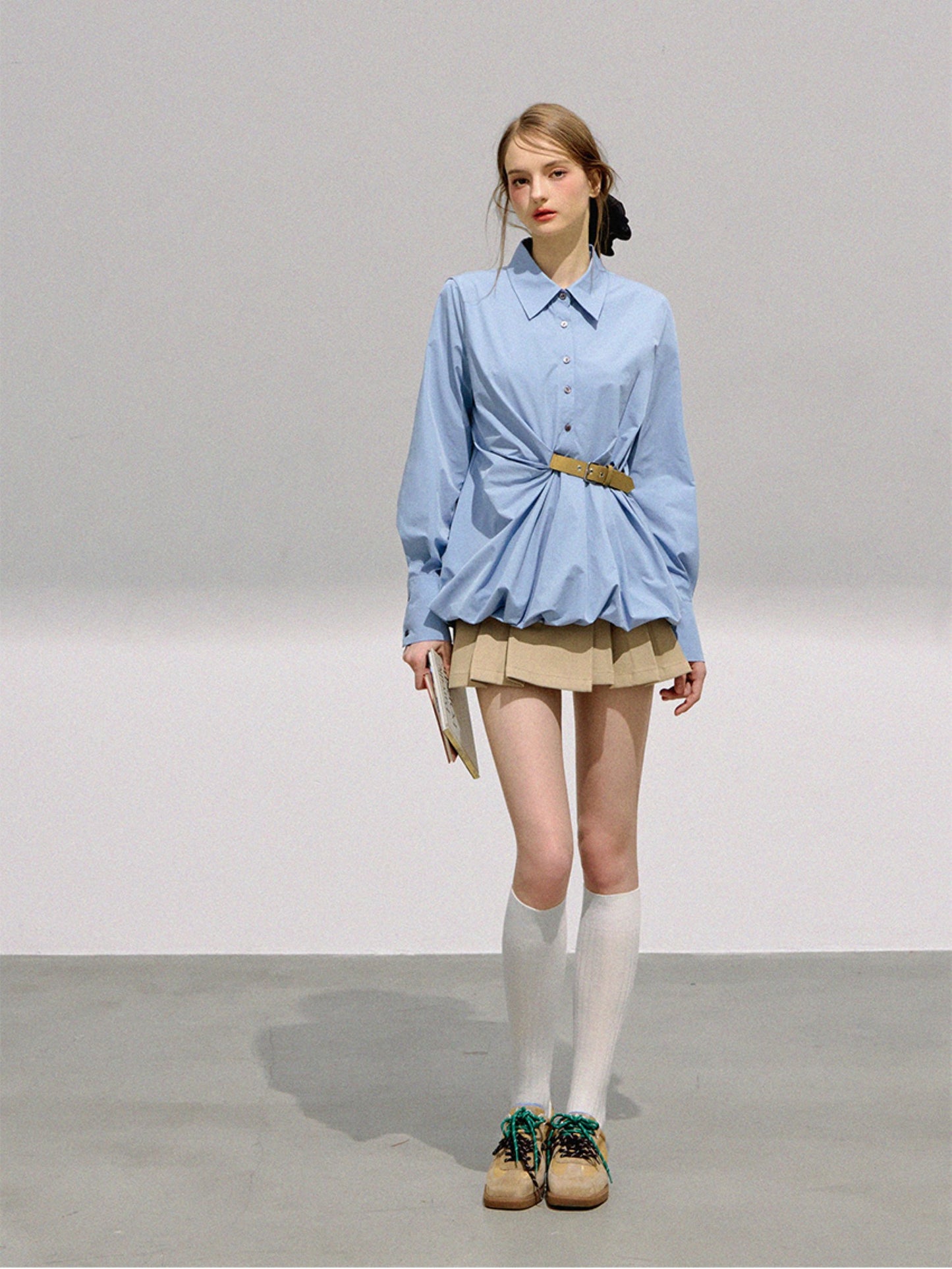 BOHOL BLING - Preppy Sweetheart Contrast Buckle Puff Sleeve Blouse