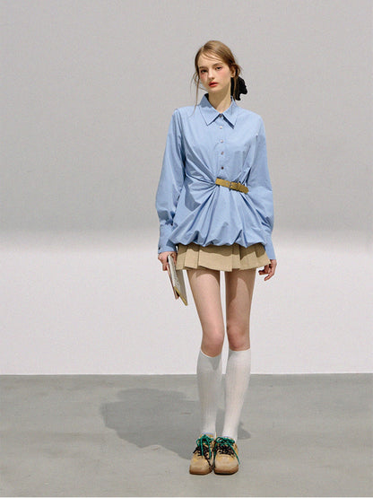 BOHOL BLING - Preppy Sweetheart Contrast Buckle Puff Sleeve Blouse