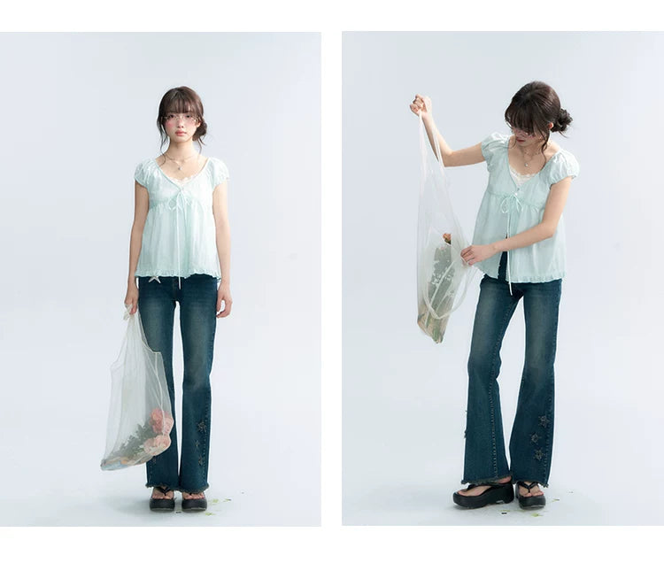 "Mint Morning Glow" Mint Green Lace Tie-Front Cardigan Blouse