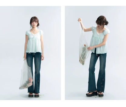 "Mint Morning Glow" Mint Green Lace Tie-Front Cardigan Blouse