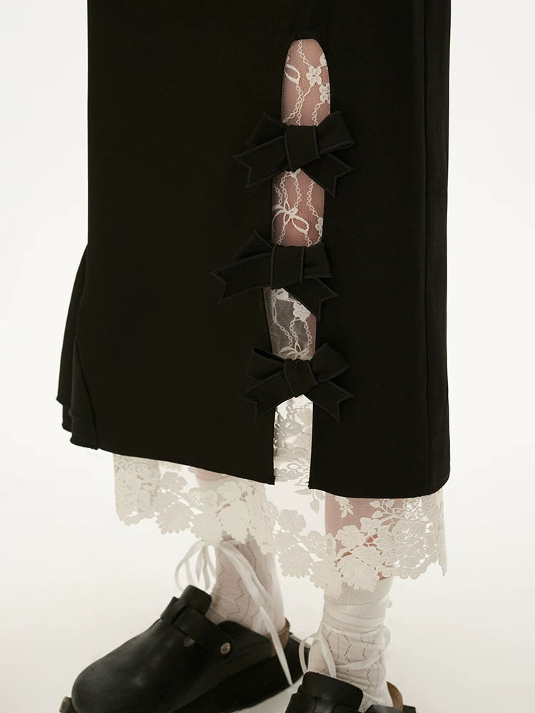 MAMC - Black Layered Lace Bow Maxi Skirt