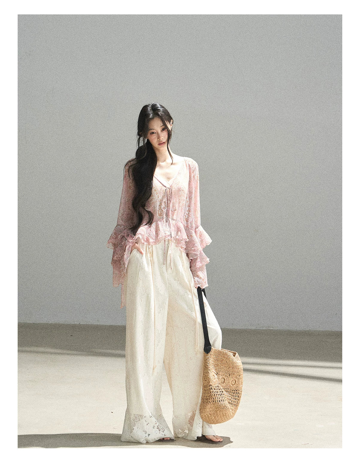 "A Love Letter to Sunlight" Dutch Cream Lace Wide-Leg Pants (With Matching Waist Rope)