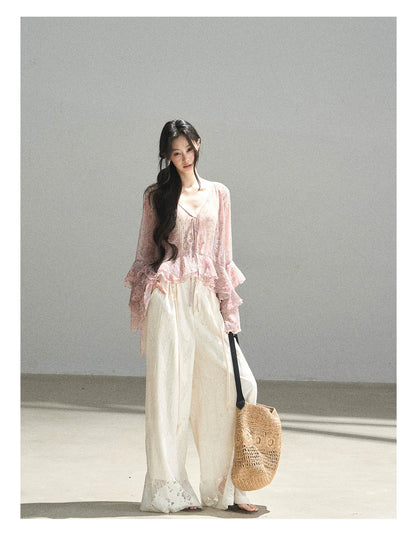 "A Love Letter to Sunlight" Dutch Cream Lace Wide-Leg Pants (With Matching Waist Rope)