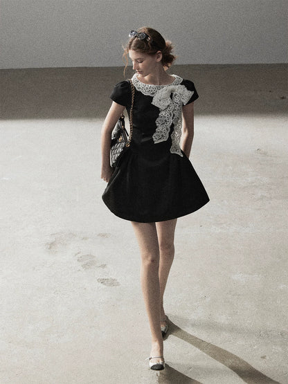 "A River Woven by Moonlight" Rich Black Lace Cocktail Mini Dress