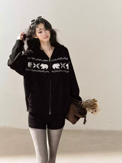 AOMALM - Black Hooded Knit Set with Polar Bear Jacquard