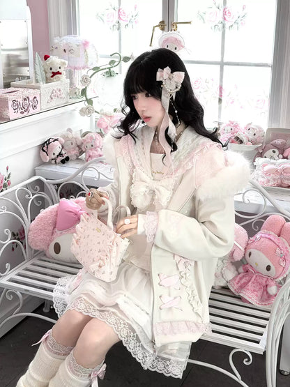 KYOUKO - White & Pink My Melody Fuzzy Collar Ribbon Hoodie
