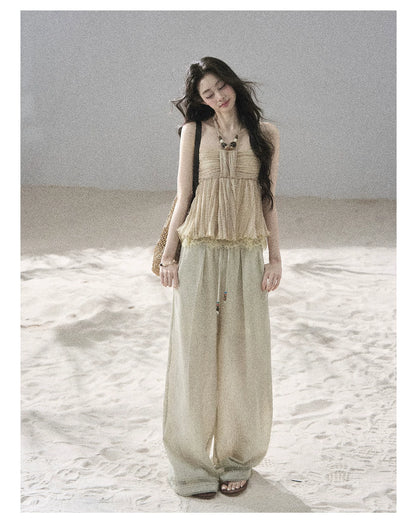 "Follow the Sea Breeze" Lightweight Straight-Leg Wide-Leg Pants (Lotus Pink/ Gray Sage Green/ Gray Blue)