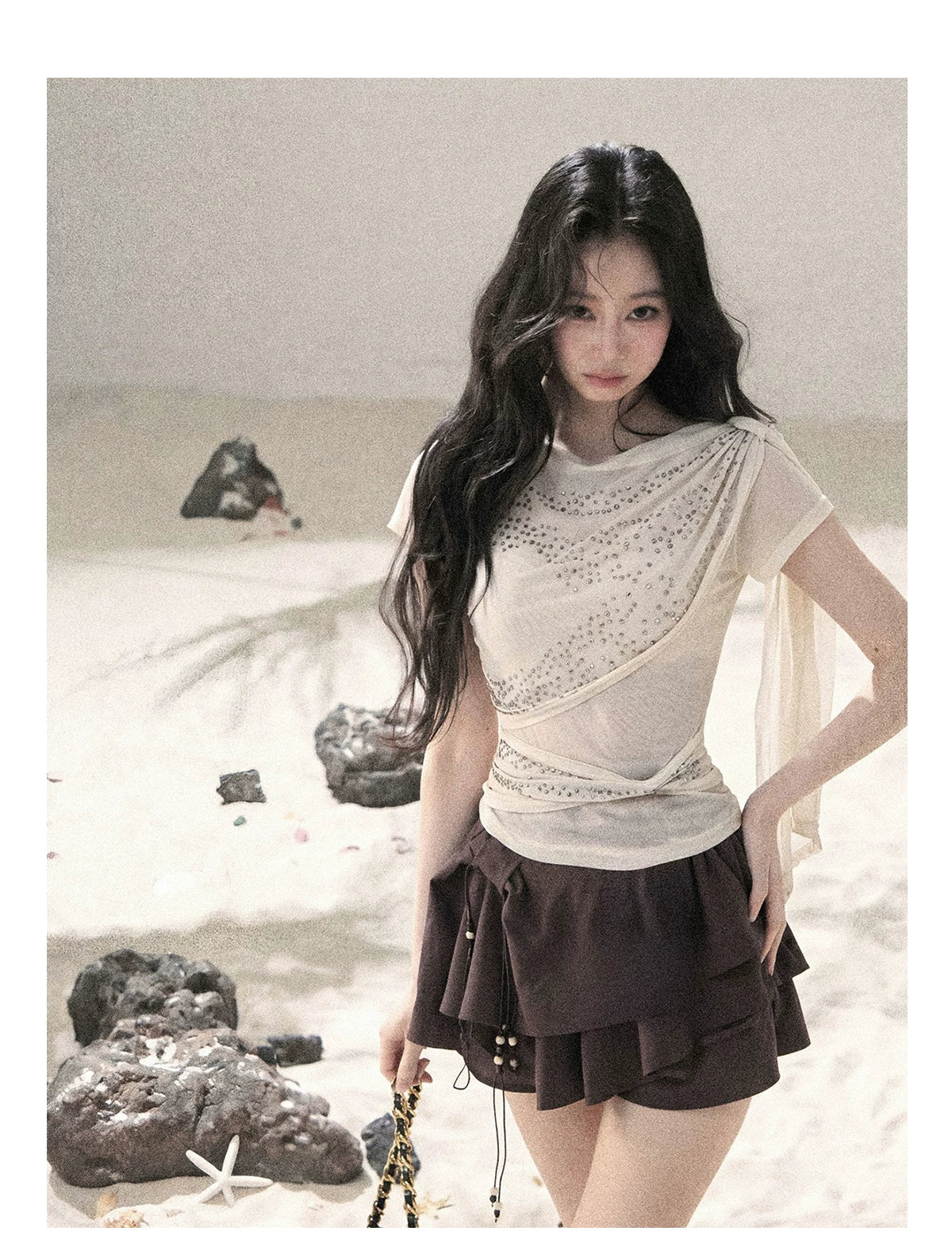 “Frosted Kiss” Dutch Cheese Crystal Mesh Short Sleeve Top