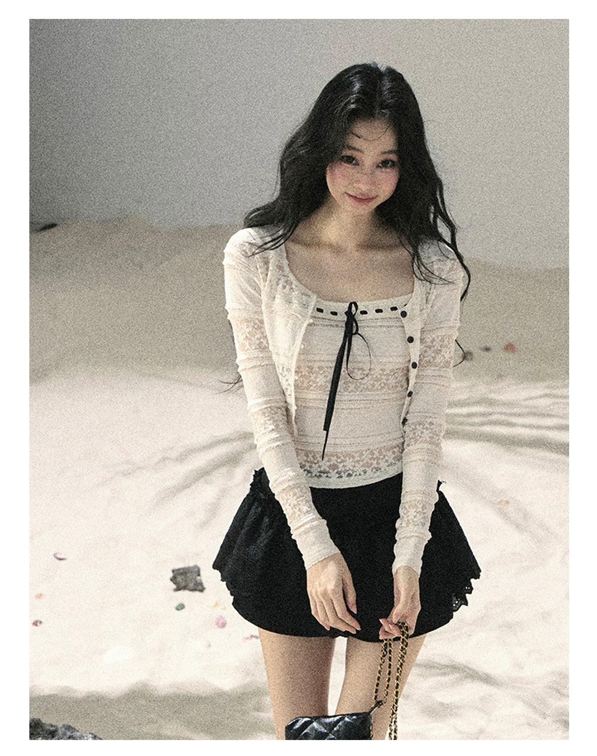 "Summer Shimmer Reverie" Creamy Oat White Lace Cutout Cardigan & Camisole Set 5864536513