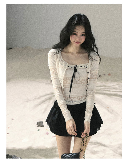 "Summer Shimmer Reverie" Creamy Oat White Lace Cutout Cardigan & Camisole Set 5864536513