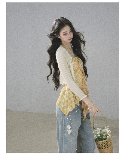 "Fields of Provence" Goose Yellow Halter Plaid Waist-Cinched Top