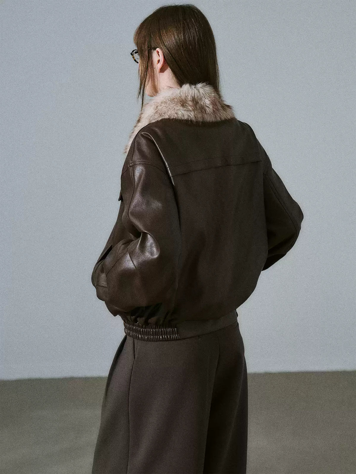 LOST FOREST - Pink-Brown Faux Leather Moto Jacket with Plaid Wool Collar
