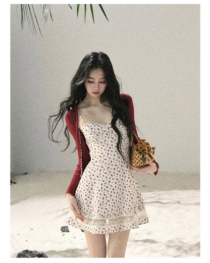 "Blooming Rose Reverie" Cloud White Floral Lace Mini Dress & Burgundy Wine Cardigan 56483
