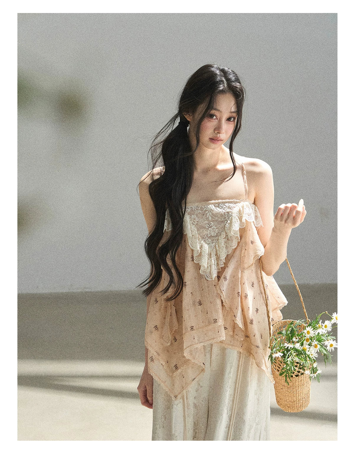 "Orange-Scented Dusk" Toasted Rice Beige Asymmetrical Lace Cami