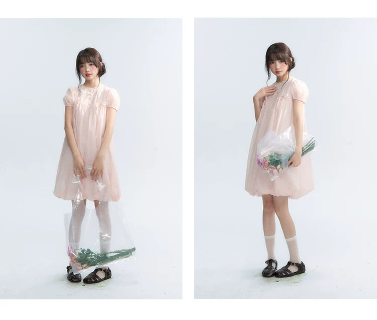 "Little Princess" Strawberry Pink Lace Bow Bubble Hem Midi Dress