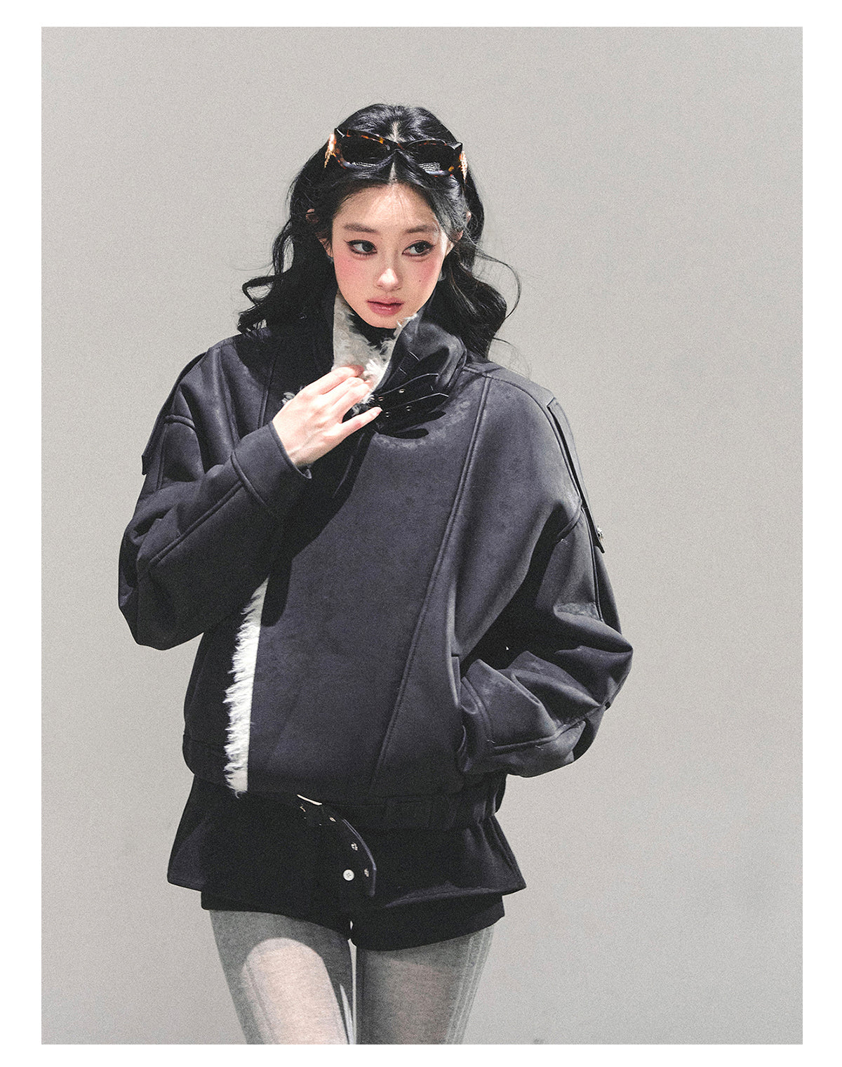 少也眼 "Time’s Hidden Reef" Faux Fur-Lined Cotton Jacket with Belt 8731321