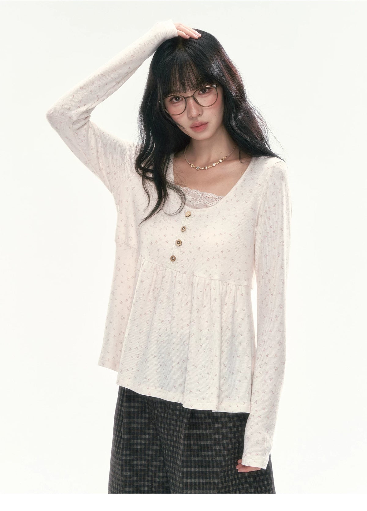 CAN - "A Meadow of Dreams" Apricot Beige Floral Lace-Trim Ruched Top