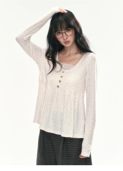 CAN - "A Meadow of Dreams" Apricot Beige Floral Lace-Trim Ruched Top