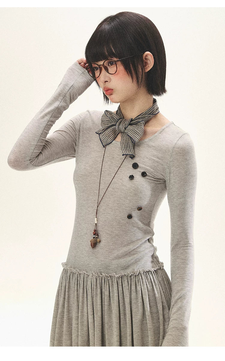 "Spring Memoir" TENCEL™ Wool Pleated Knit Midi Dress (Oat Gray/ Butter Cream)